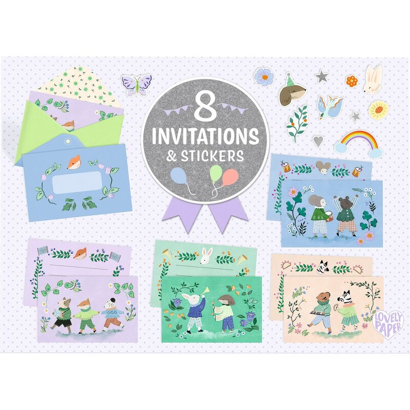 Djeco - Animal Fanfare - 8 Invitations & Stickers