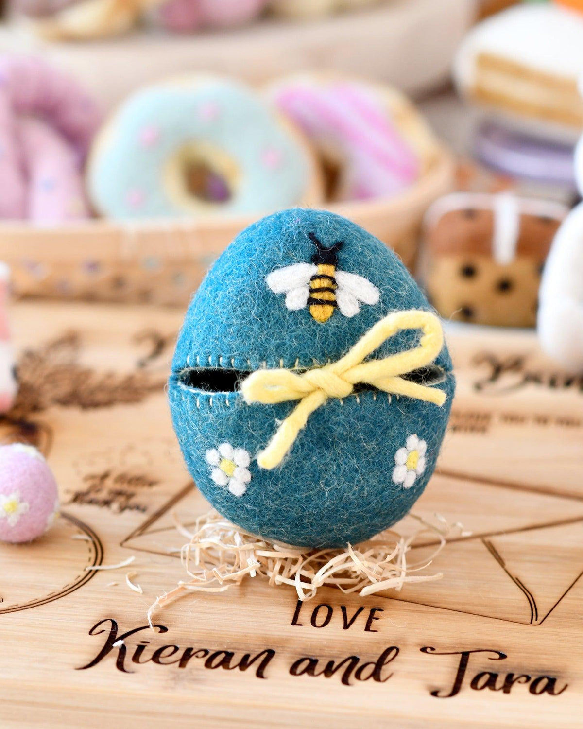 Tara Treasures - Felt Egg Cover - Blue with Bee Motif