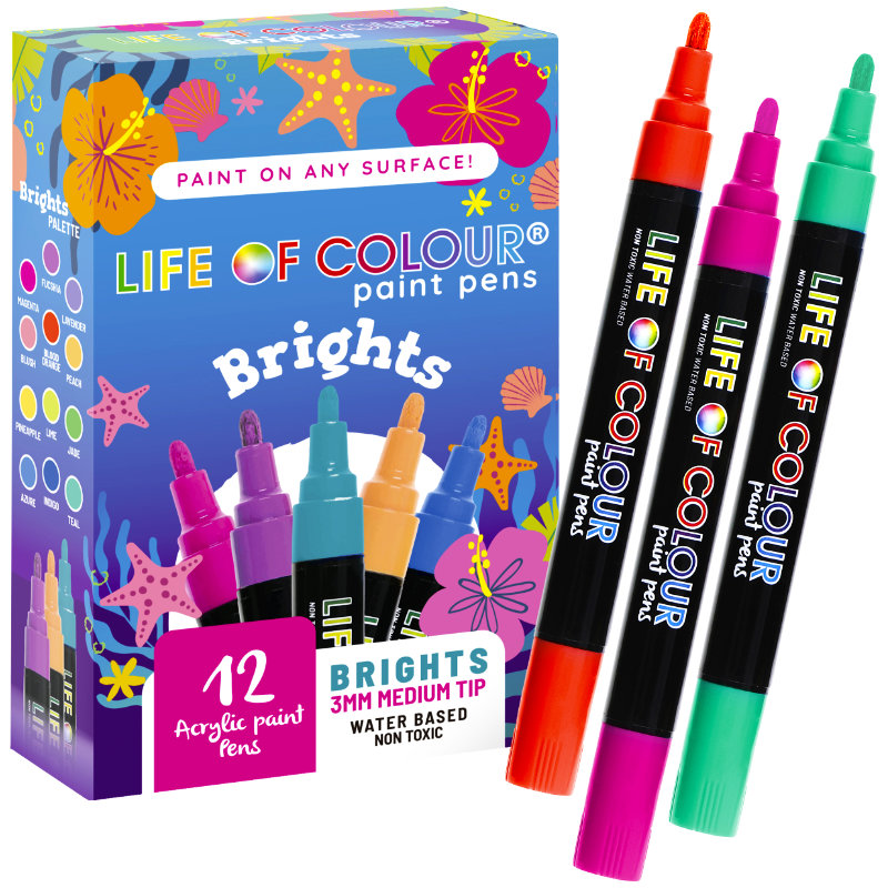 BRIGHT COLOURS 3mm MEDIUM TIP ACRYLIC PENS - 12pc