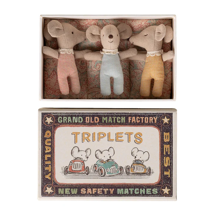 Maileg - Triplets Baby Mice in Matchbox Checker - PREORDER ONLY DUE JUNE