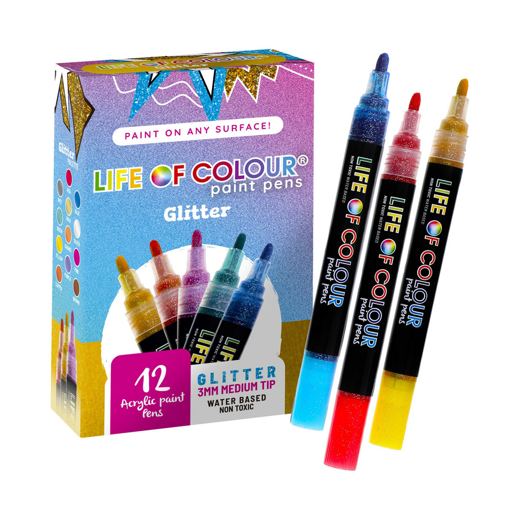 GLITTER 3mm MEDIUM TIP ACRYLIC PAINT PENS - 12pc