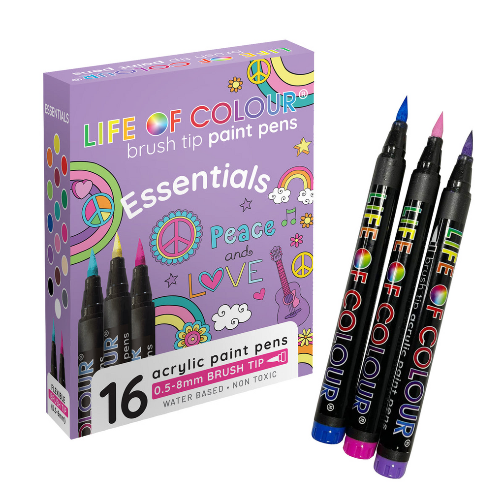 ESSENTIAL COLOURS BRUSH TIP ACRYLIC PAINT PENS - 16pc