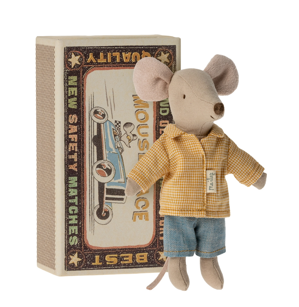 MAILEG - BIG BROTHER MOUSE IN MATCHBOX - YELLOW CHECK