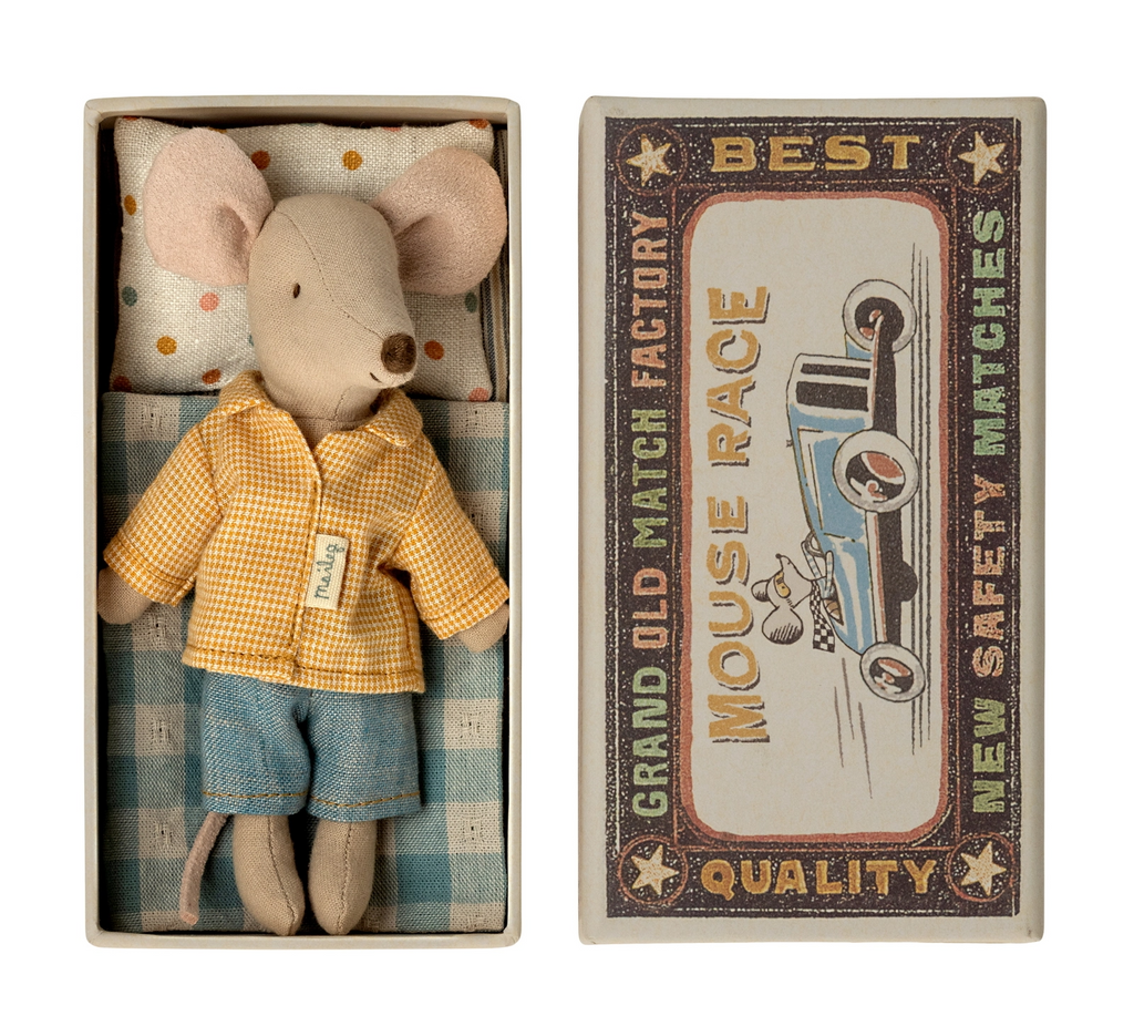 MAILEG - BIG BROTHER MOUSE IN MATCHBOX - YELLOW CHECK