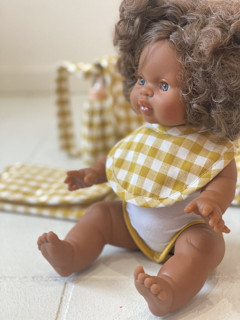 CONVERTIBLE DOLL'S NAPPY BAG - MUSTARD GINGHAM