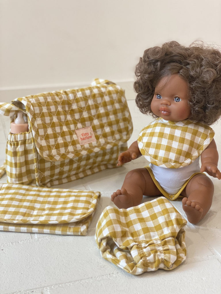 CONVERTIBLE DOLL'S NAPPY BAG - MUSTARD GINGHAM