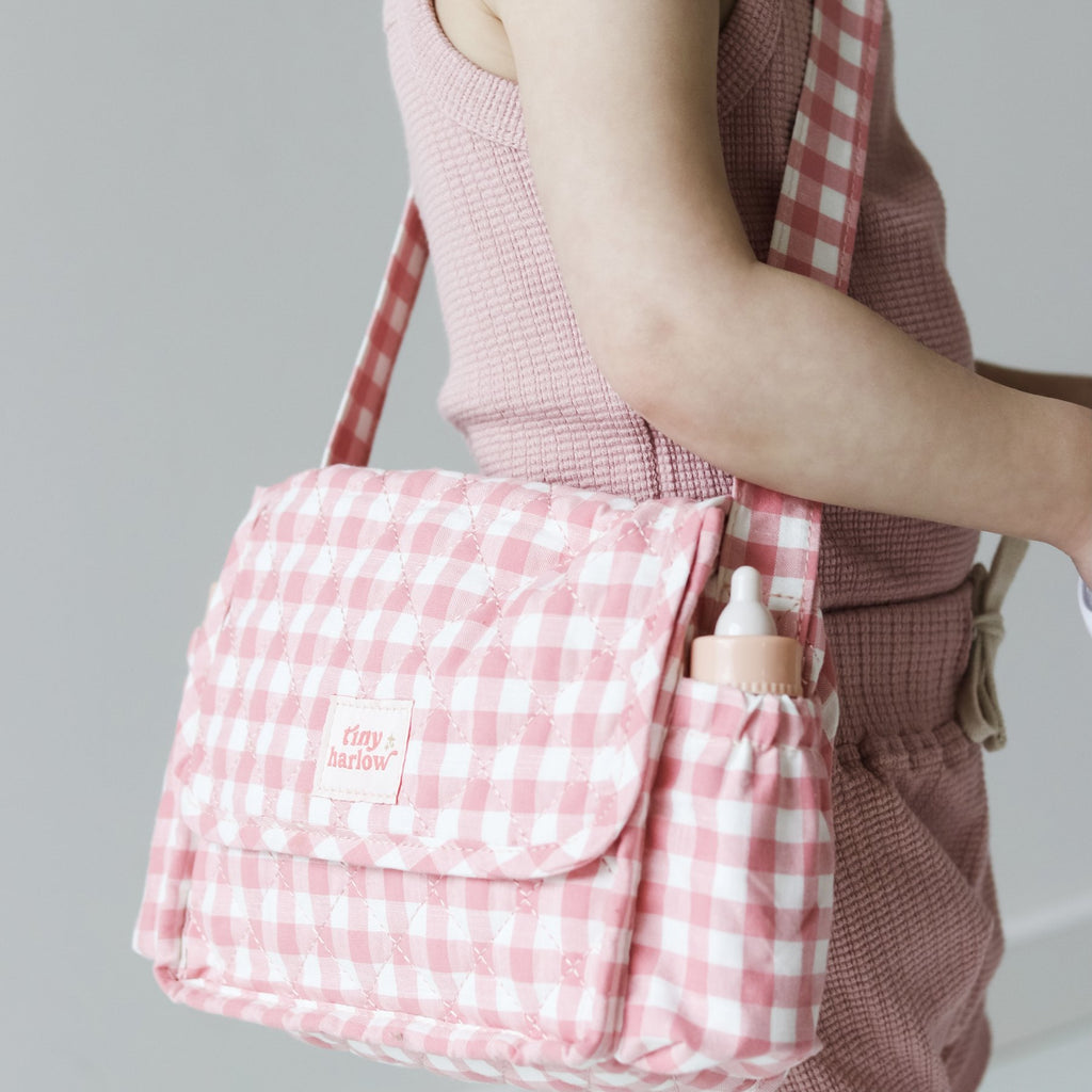 CONVERTIBLE DOLL'S NAPPY BAG - PINK GINGHAM