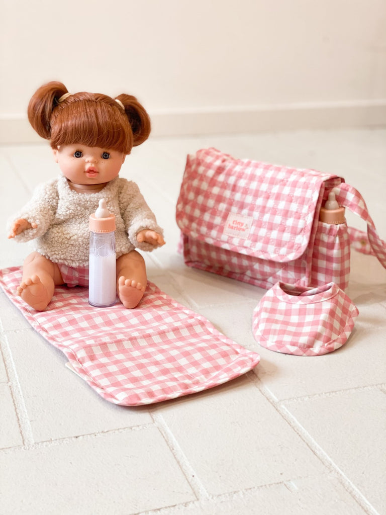 CONVERTIBLE DOLL'S NAPPY BAG - PINK GINGHAM
