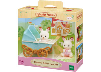 SYLVANIAN CHOCOLATE RABBIT TWINS WITH PRAM