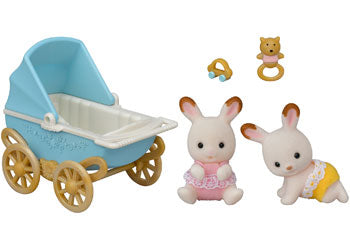 SYLVANIAN CHOCOLATE RABBIT TWINS WITH PRAM